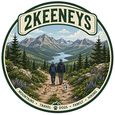 2Keeneys mountain hiking logo with couple and dogs